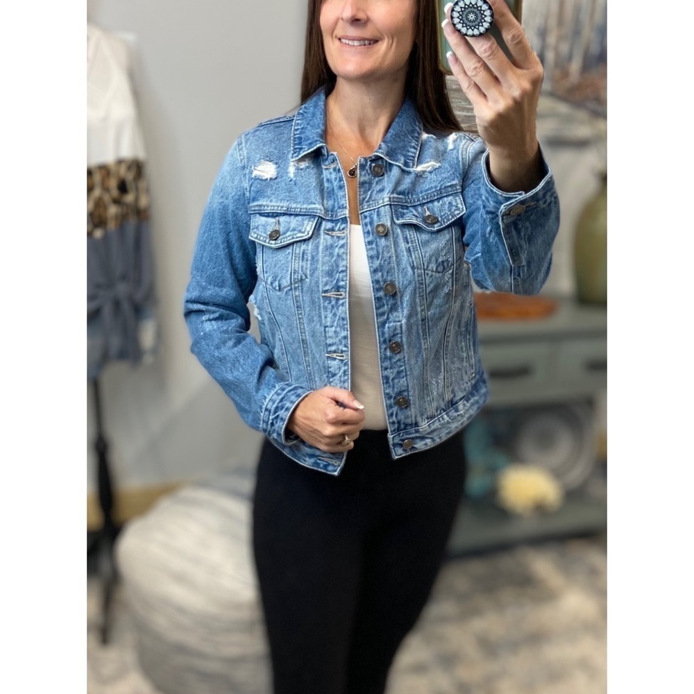 Kancan Distressed Denim Jean Jacket Button Up Pockets Blue 3921